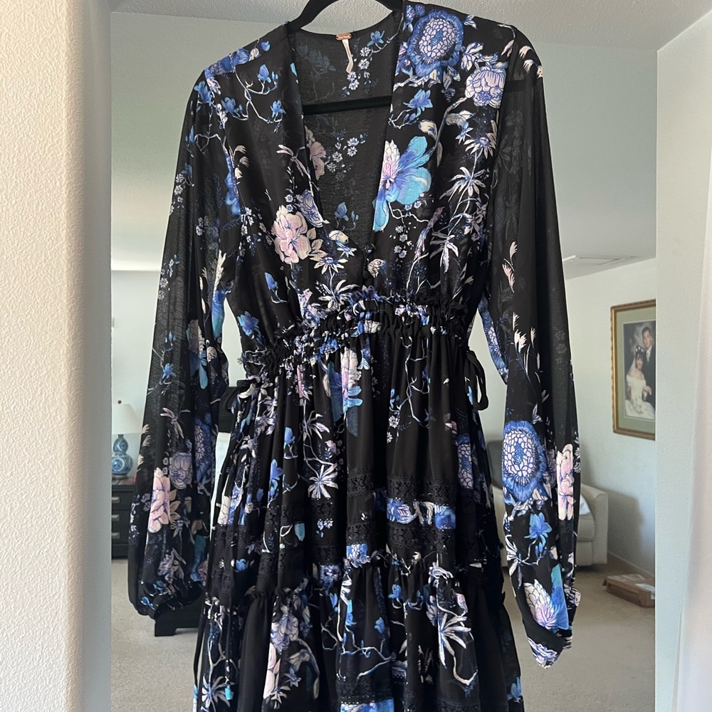 EUC Free People Cherry Blossom Mini Dress Blue and Black Sundress Small